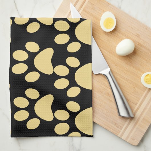 かわいい小犬の足はタンの黒を印刷します キッチンタオル (四つ折り)