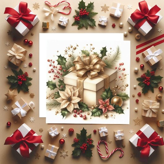 かわいい小箱のホリデーカード ホリーとゴールドの弓 シーズンカード