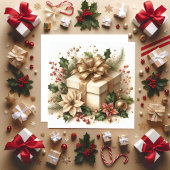 かわいい小箱のホリーとゴールドの弓 シーズンカード