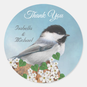 かわいい小鳥と花のクラシックな丸いThank Youカード ラウンドシール