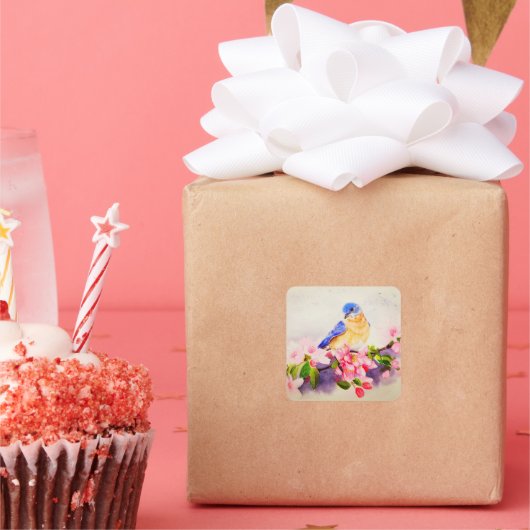 かわいい小鳥の水色シール スクエアシール (パーティー)