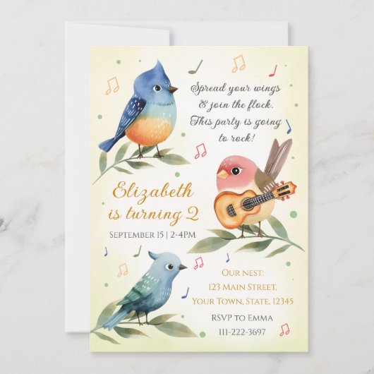 かわいい小鳥の誕生日パーティーの招待状 招待状 (正面)