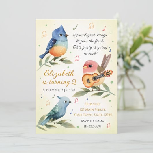 かわいい小鳥の誕生日パーティーの招待状 招待状 (スタンド正面)