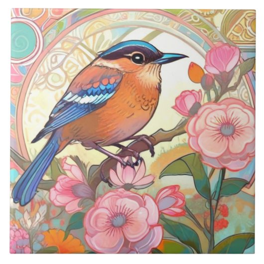 かわいい小鳥アールヌーボーデコインスピオフローラ タイル (正面)