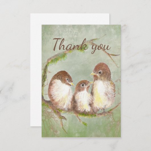 かわいい小鳥ファミリー動物アートありがとう サンキューカード (正面/裏面)