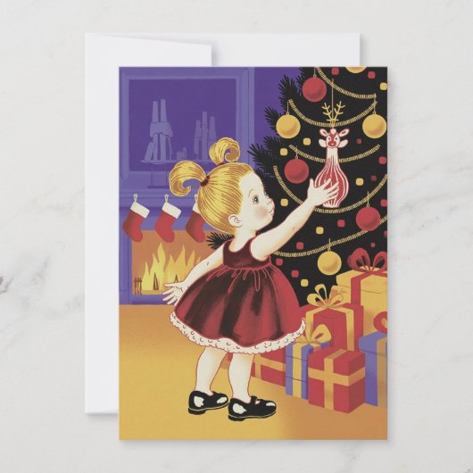 かわいい少女がツリーを飾るビンテージクリスマス シーズンカード (正面)