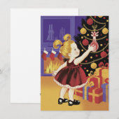 かわいい少女がツリーを飾るビンテージクリスマス シーズンカード (正面/裏面)