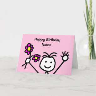 かわいい少女が微笑みながら花を振っているピンクの誕生日 カード