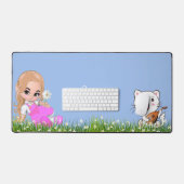 かわいい少女と花の猫 デスクマット (キーボード&マウス)