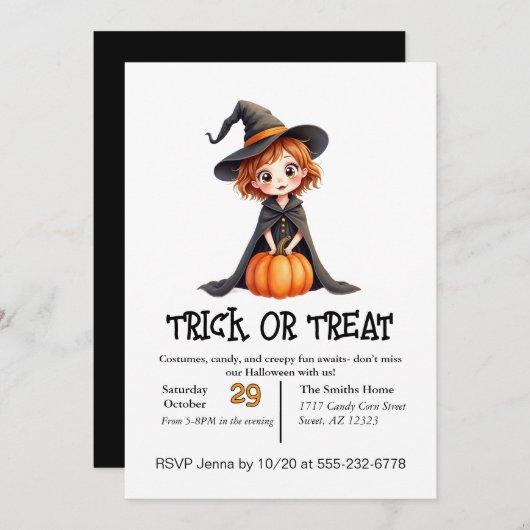 かわいい少女のハロウィーン・トリックオアトリート 招待状 (正面/裏面)