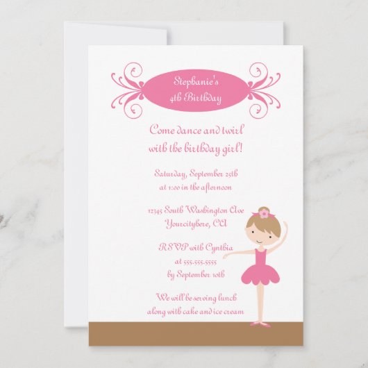 かわいい少女のバレリーナ誕生日パーティーの招待状 招待状 (正面)