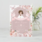 かわいい少女の聖書 初の聖体拝領 ピンクの花 招待状 (スタンド正面)