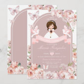 かわいい少女の聖書 初の聖体拝領 ピンクの花 招待状 (正面/裏面)