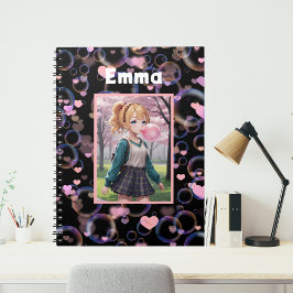 かわいい少女、ピンクのバブルガムを吹く、名前入り ノートブック