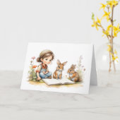 かわいい少女 緑の目 本 ウサギ 花 白 カード (黄色い花)