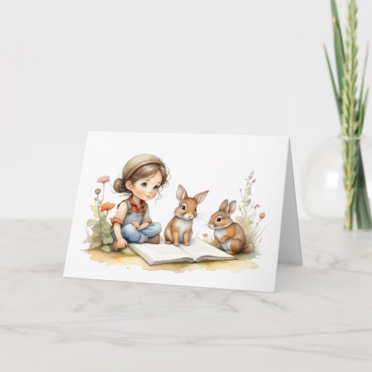かわいい少女 緑の目 本 ウサギ 花 白 カード (正面)
