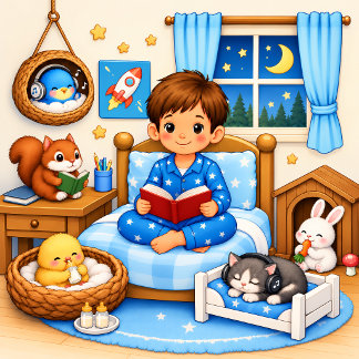 かわいい少年が本を読む | 森の動物たちの保育園ポスター ポスター