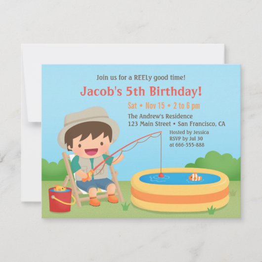 かわいい少年が釣りをする 誕生日パーティー招待状 招待状 (正面)