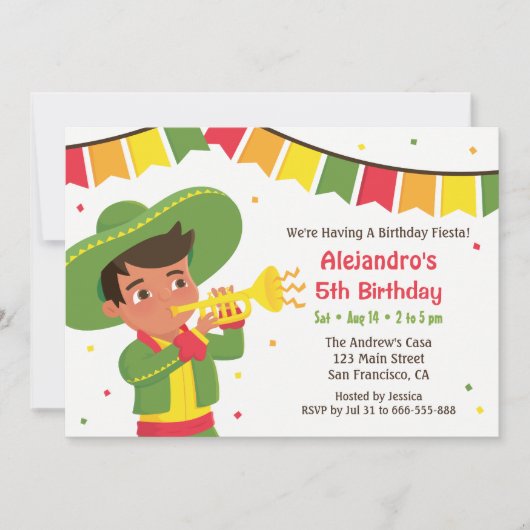 かわいい少年とトランペット メキシコフィエスタ 誕生日パーティー 招待状 (正面)