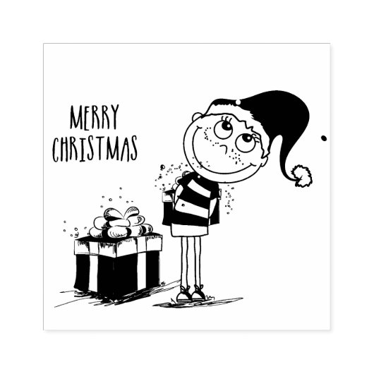 かわいい少年とプレゼントのクリスマス ラバースタンプ (インプリント)