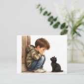 かわいい少年と小さな黒猫 ポストカード (スタンド正面)