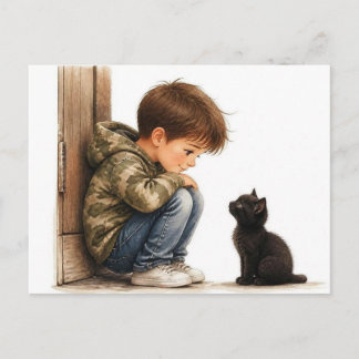 かわいい少年と小さな黒猫 ポストカード