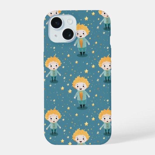 かわいい少年と星のパターン iPhone 15ケース (裏面)