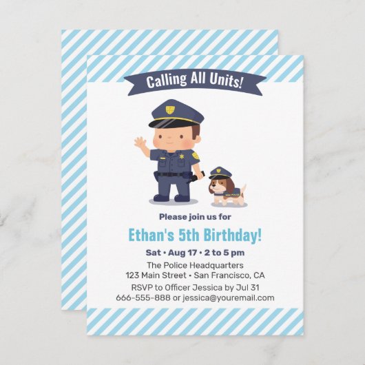 かわいい少年と犬の警察の誕生日パーティー 招待状 (正面/裏面)