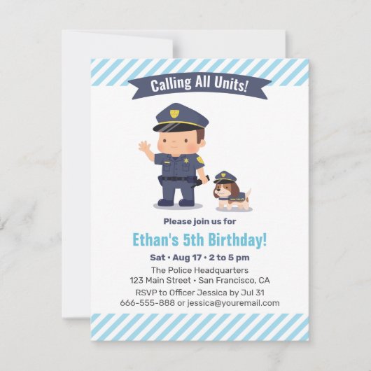 かわいい少年と警察犬の誕生日パーティー 招待状 (正面)
