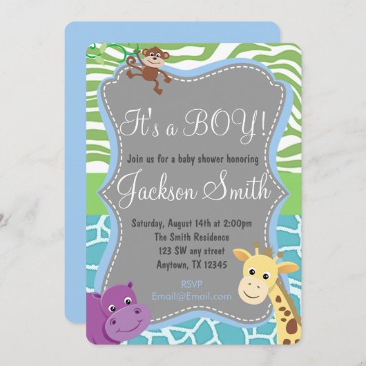かわいい少年のベビーシャワー動物園の動物招待状 招待状 (正面/裏面)