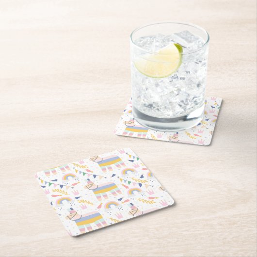 かわいい少年のラマ虹の誕生日パーティー スクエアペーパーコースター (インサイチュ)