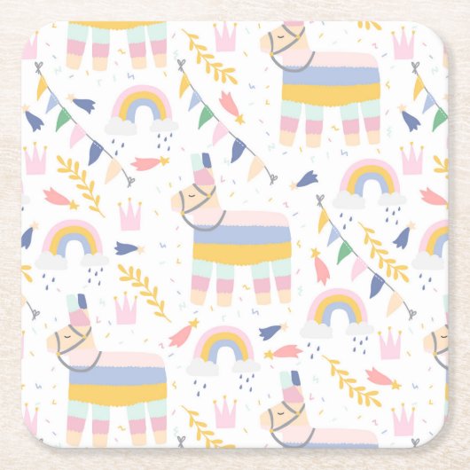 かわいい少年のラマ虹の誕生日パーティー スクエアペーパーコースター (正面)