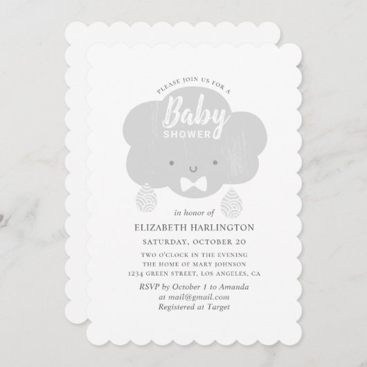 かわいい少年の灰色の雲。おもしろい灰色の赤ちゃんシャワー 招待状 (正面/裏面)