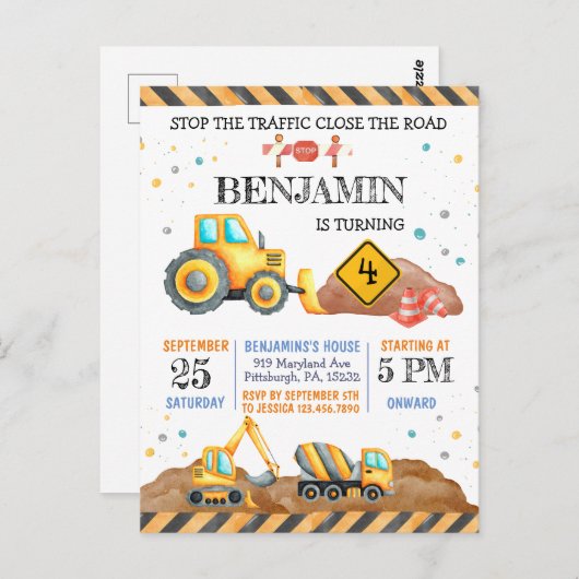 かわいい少年の誕生日建設車両パーティー ポストカード (正面/裏面)