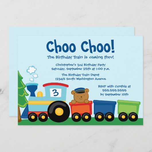 かわいい少年の電車に誕生日パーティーの招待 招待状 (正面/裏面)