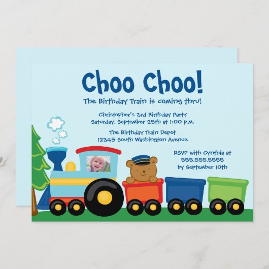 かわいい少年の電車の誕生日パーティーの写真の招待 招待状 (正面/裏面)