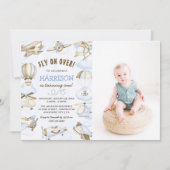 かわいい少年の飛行機テーマ1st誕生日パーティー写真 招待状 (正面)