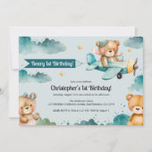 かわいい少年の飛行機1歳の誕生日パーティー 招待状 (正面)