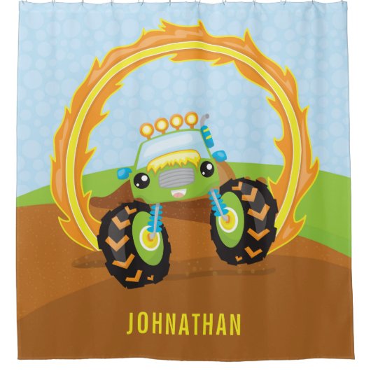 かわいい少年グリーンのモンスタートラックパーソナライズされた シャワーカーテン (正面)