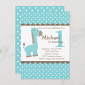 かわいい少年ジャングル·サファリ·ブルー·キリン誕生パーティー 招待状 (正面/裏面)