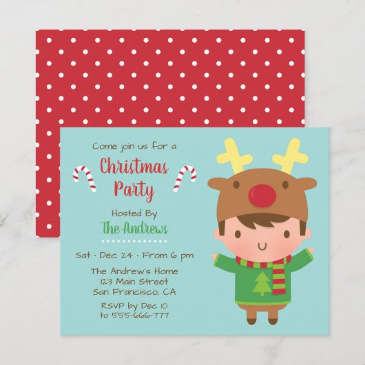 かわいい少年トナカイ帽子のクリスマスパーティー招待状 招待状 (正面/裏面)