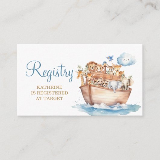 かわいい少年ノアの箱舟 動物 ベビーシャワー レジストリー エンクロージャーカード (正面)
