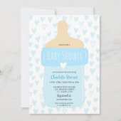 かわいい少年ブルーハートベビーボトルベビーシャワー 招待状 (正面)