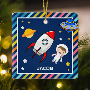 かわいい少年宇宙飛行士宇宙ロケット子供部屋 セラミックオーナメント