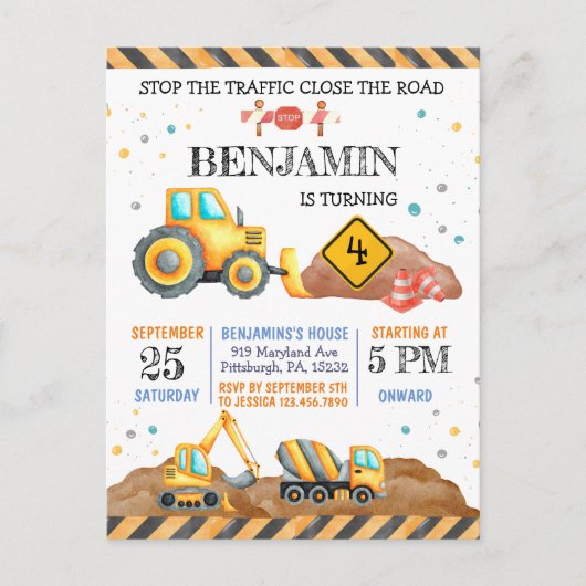 かわいい少年誕生日建設車両パーティー ポストカード (正面)