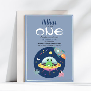 かわいい少年青い宇宙エイリアン銀河1歳の誕生日 招待状