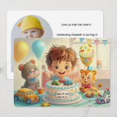 かわいい少年 青い車の誕生日パーティー招待状 招待状 (正面/裏面)