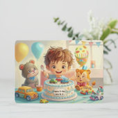 かわいい少年 青い車の誕生日パーティー招待状 招待状 (スタンド正面)