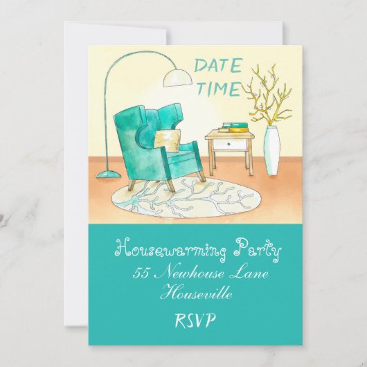 かわいい居間のイラストレーションの引っ越し祝いパーティーのパーティー 招待状 (正面)