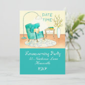 かわいい居間のイラストレーションの引っ越し祝いパーティーのパーティー 招待状 (スタンド正面)